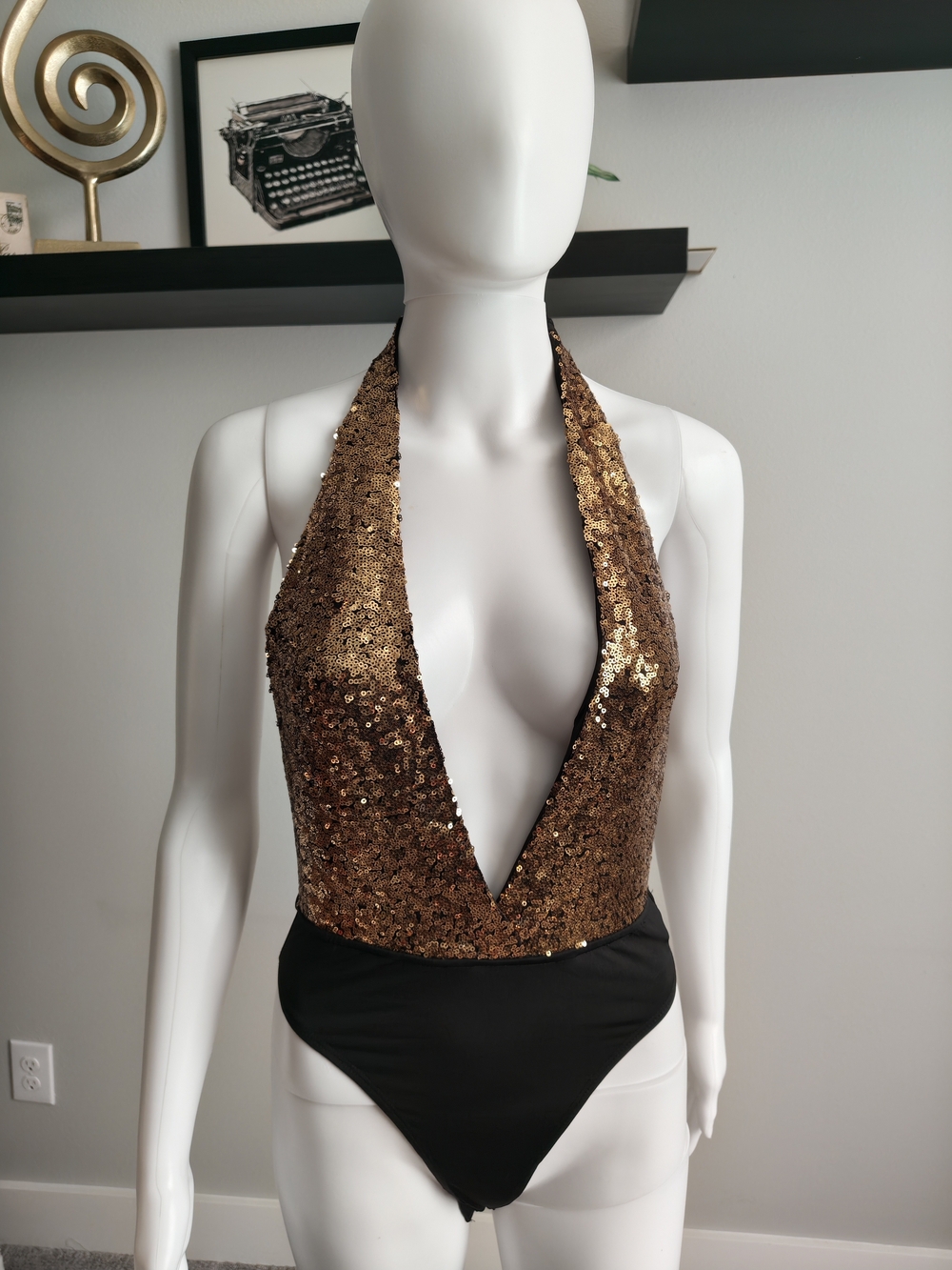 Forever 21 Bronze Sequin Halter Plunge Bodysuit